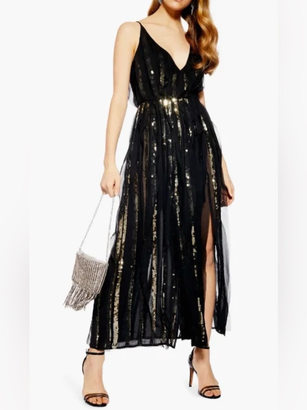 Topshop‎ Black Chiffon Maxi Dress Sequins Glam V-neck Slits 10